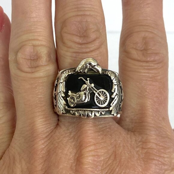 Sterling Silver 925 BGE Heavy Black Onyx Motorcycle Eagle Wide Band Ring Sz 9.5 - Picture 1 of 16